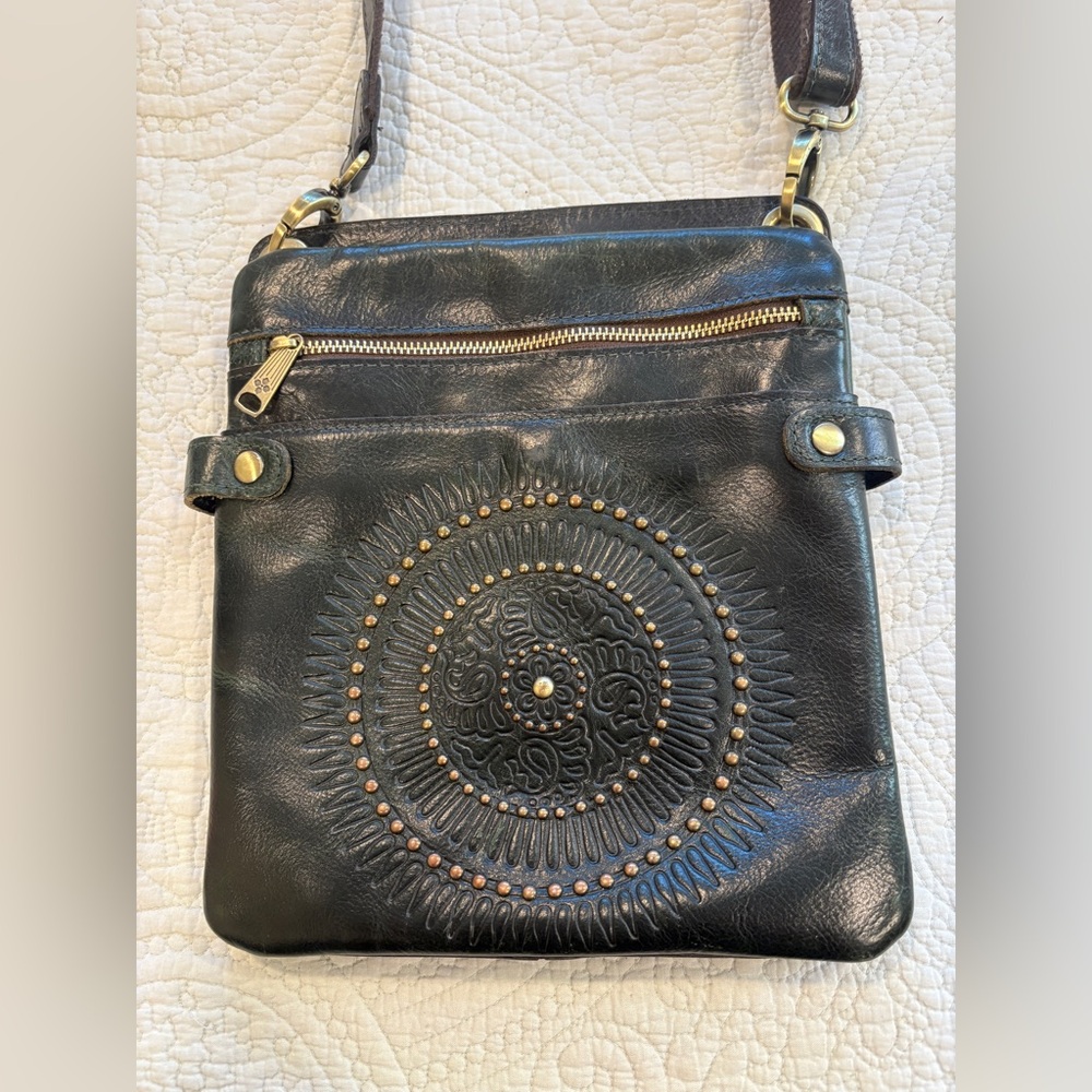 Patricia Nash Black Leather Crossbody Bag with Gold Accents